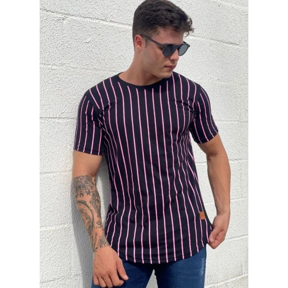 Camisa masculina Longline listrada, camiseta oversized em listra, blusa quadriculada, camiseta