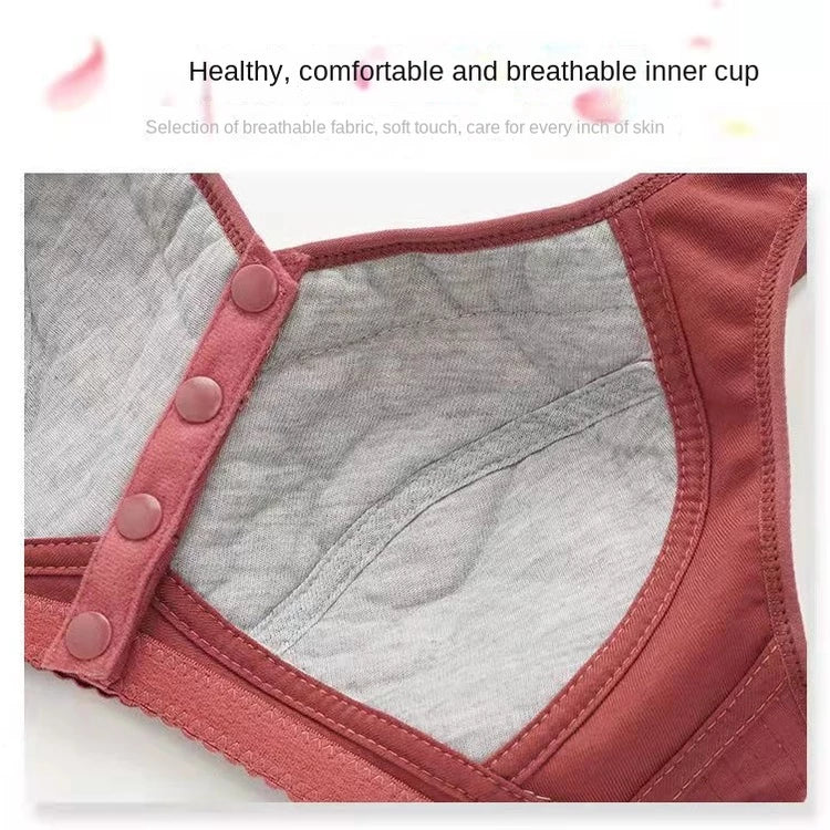 Women's Underwear Large Size Pure Cotton Wireless Bra Front Line Buttons Lace Edge Printing