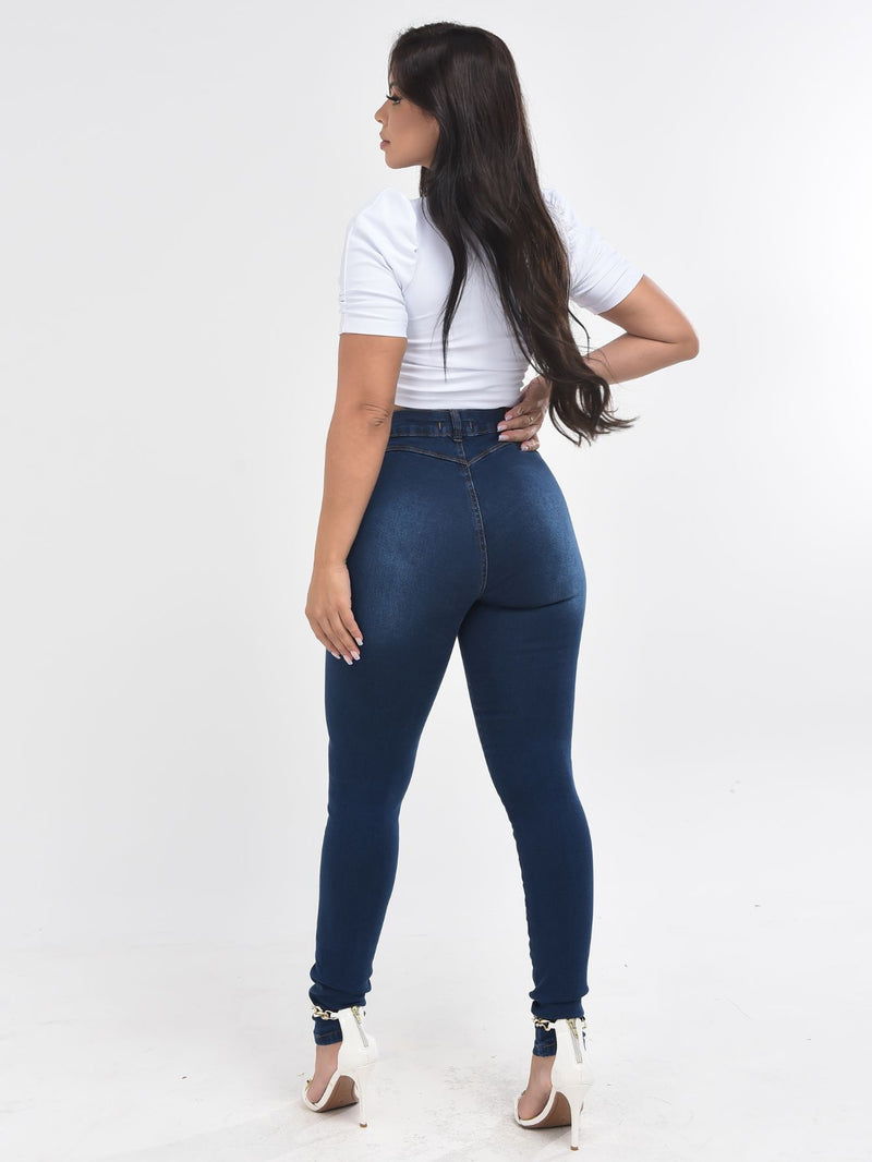 Calça Jeans Cintura Alta Feminina Skinny Detalhe Sem Bolso Levanta Bumbum