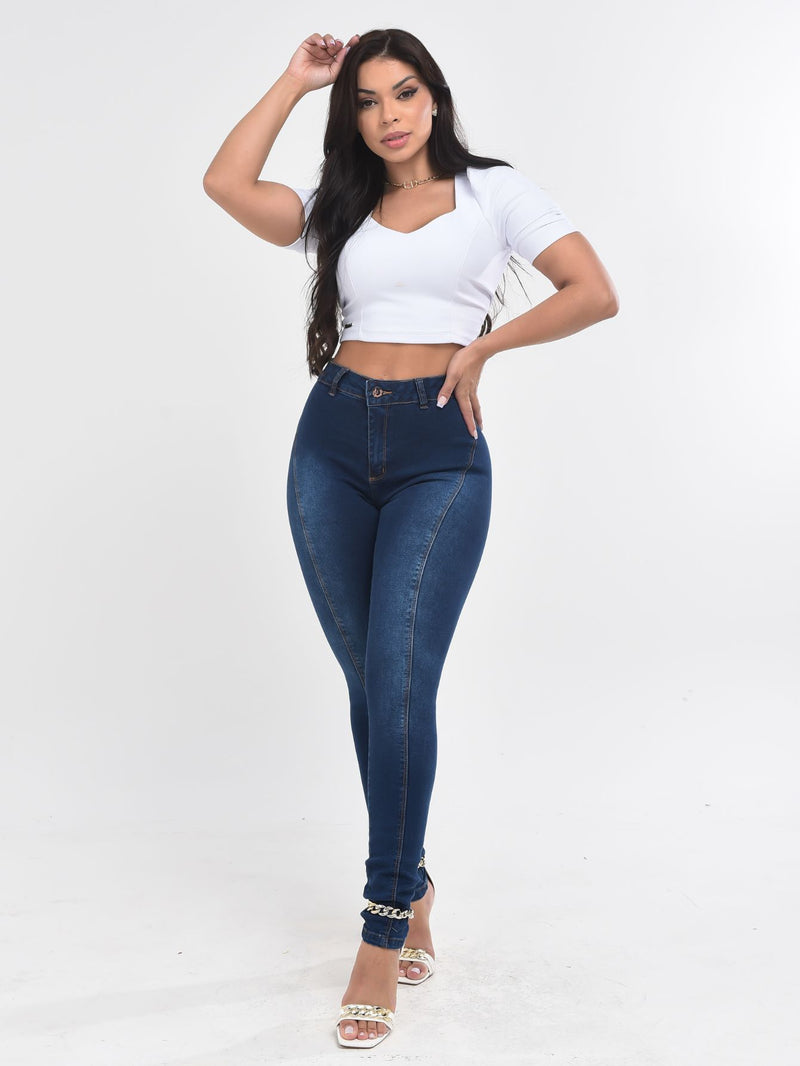 Calça Jeans Cintura Alta Feminina Skinny Detalhe Sem Bolso Levanta Bumbum