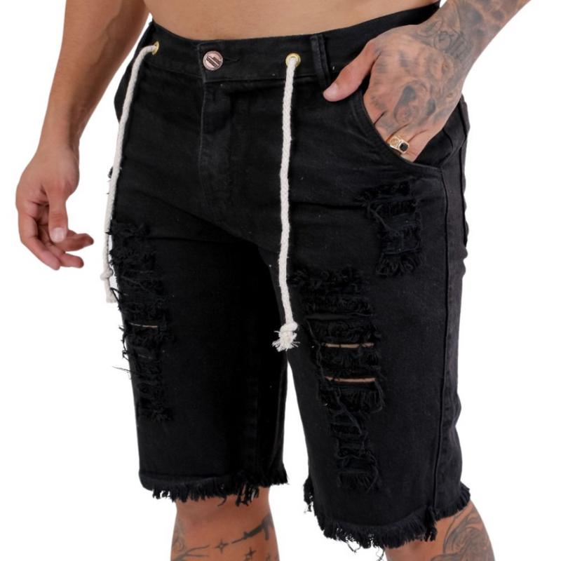 Short Jeans Masculino Rasgado Preto