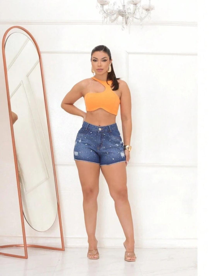 SHORTS JEANS FEMININO CINTURA ALTA COM APLIQUE DE BRILHO STRASS