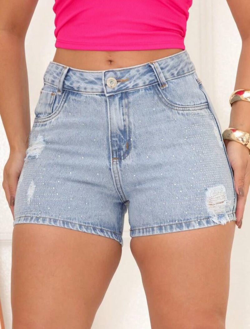 SHORTS JEANS FEMININO CINTURA ALTA COM APLIQUE DE BRILHO STRASS