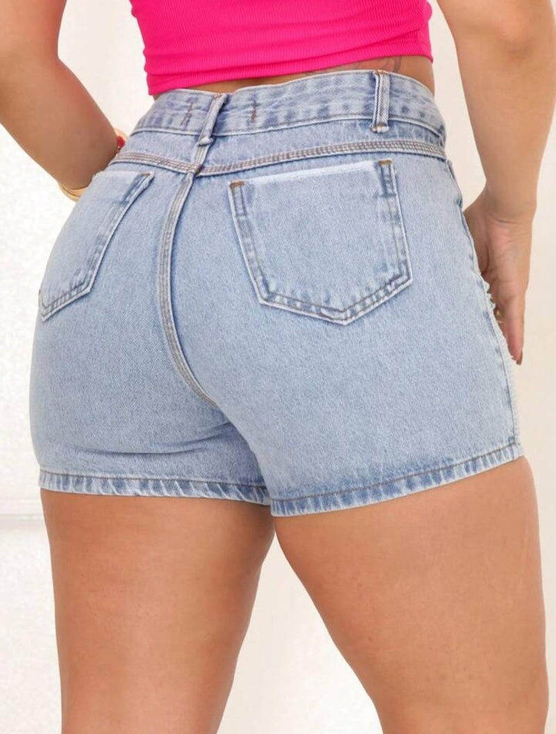 SHORTS JEANS FEMININO CINTURA ALTA COM APLIQUE DE BRILHO STRASS