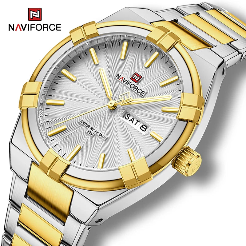 NAVIFORCE  clássico dia e data display masculino relógio de aço inoxidável