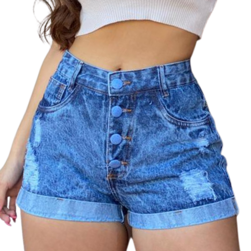 Short Jeans Feminino Cintura Alta Modelo Detonado