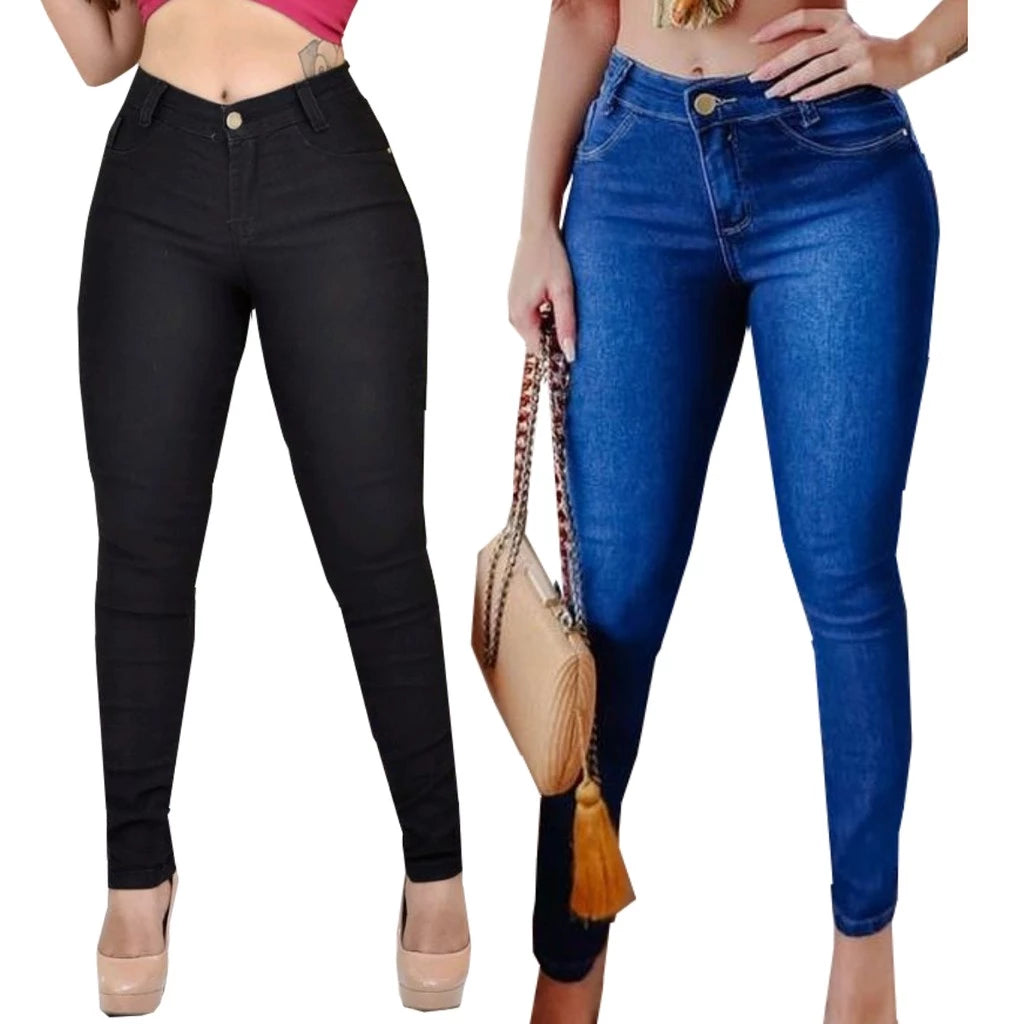 Kit 2 Calças Cós Alto Jeans Feminino Com Elastano Até o Umbigo Skinny Veste bem Modelagem Levanta Bumbum