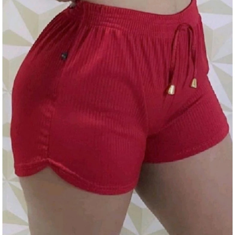 Shorts Feminino Malha Canelada Com E Elastico Ajuste Na Cintura Recorte Na Brarra