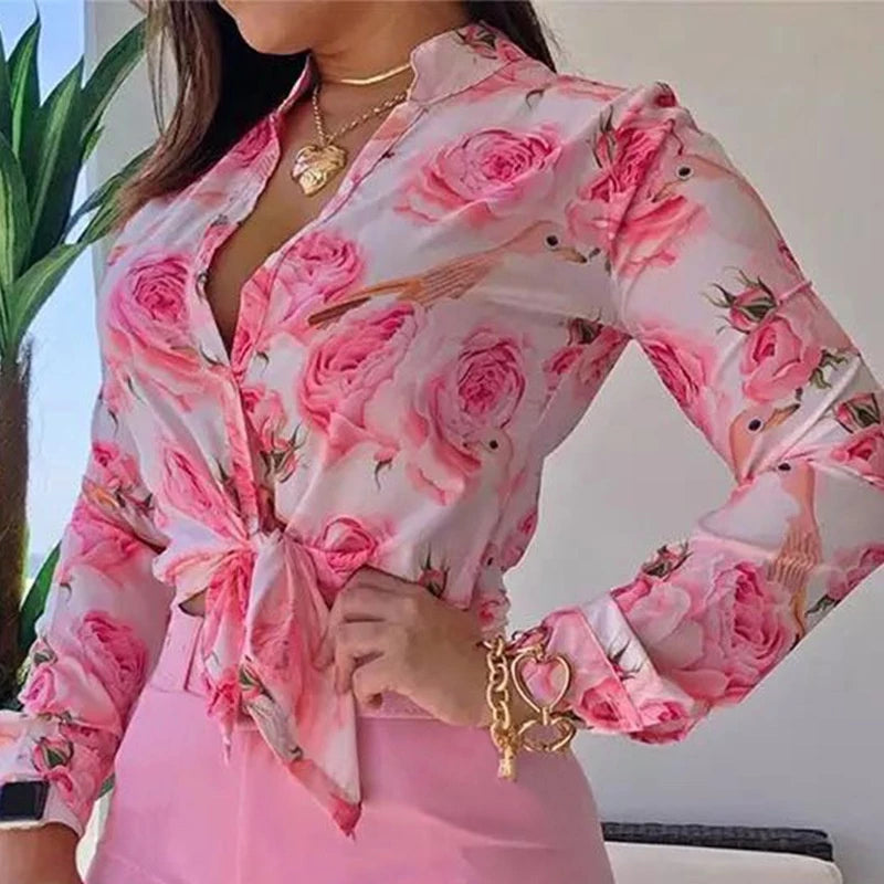 Women's Printed Long Sleeve V-Neck Blouse