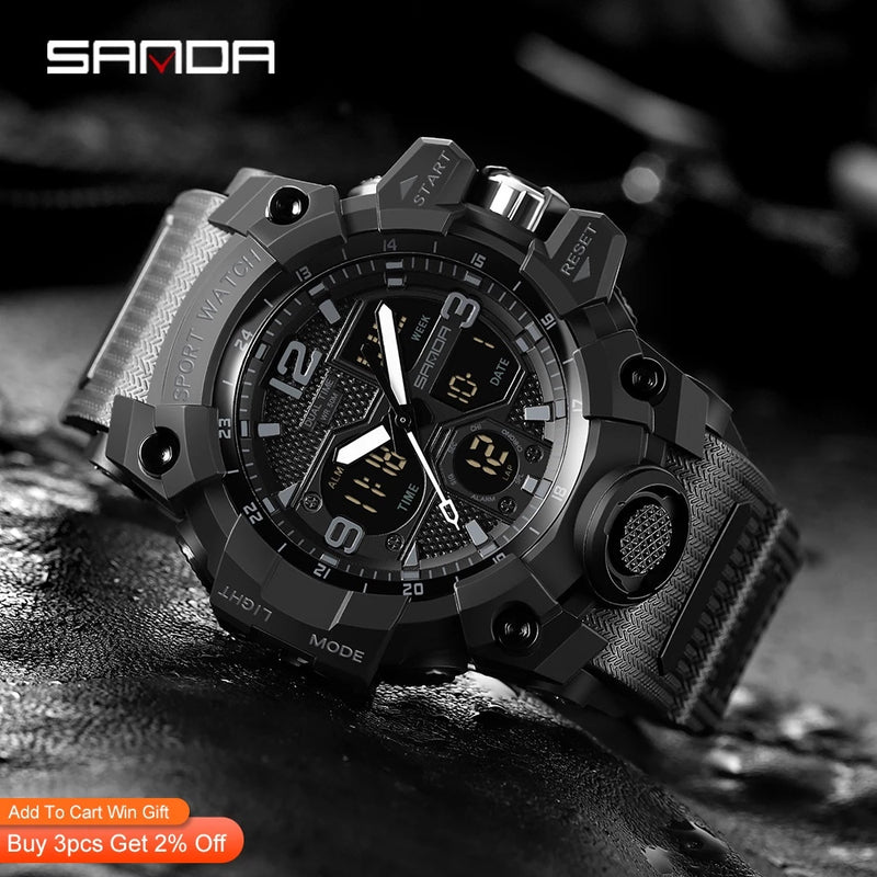 SANDA Brand Men's Watch Sport Waterproof Military Wrist Dual Display Digital Watch for Man