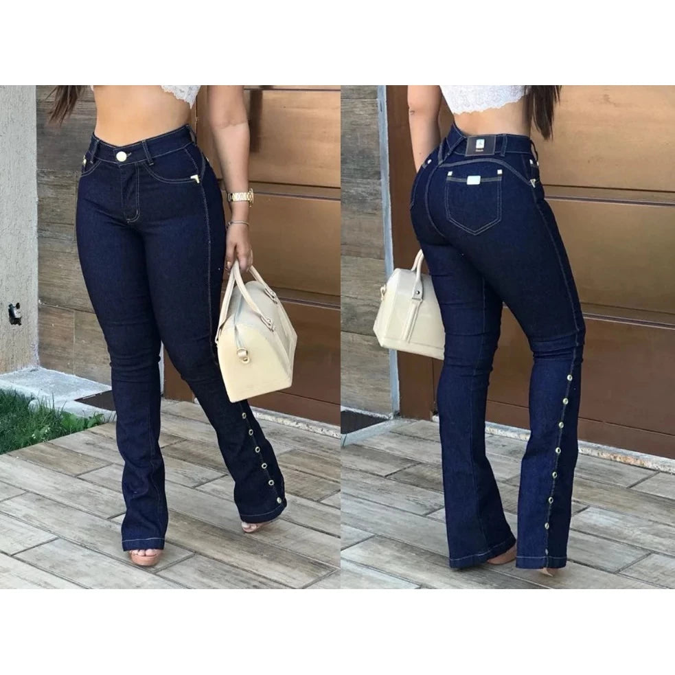 Calça Jeans Feminina Flare Cós Alto Ilhós Com Laycra Modeladora