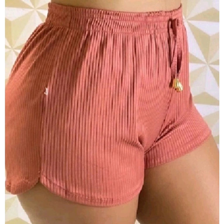 Women's Ribbed Knit Shorts With Elastic Adjustment At The Waist.