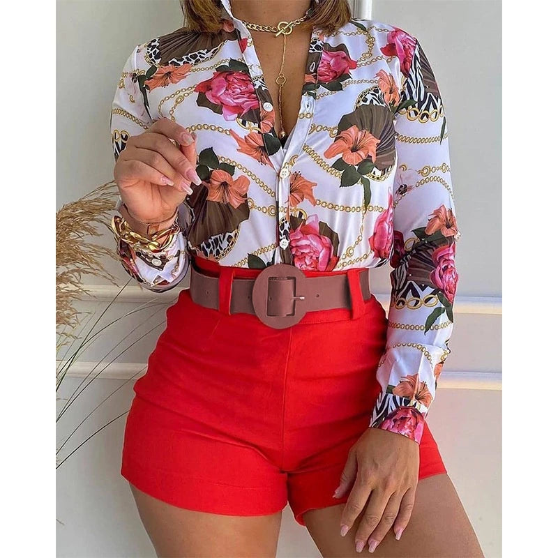 Women's Printed Long Sleeve V-Neck Blouse