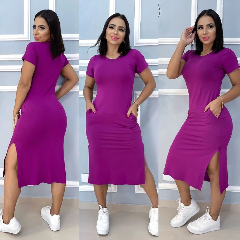 Vestido Feminino Midi Viscolycra como Bolso Tendência Verão