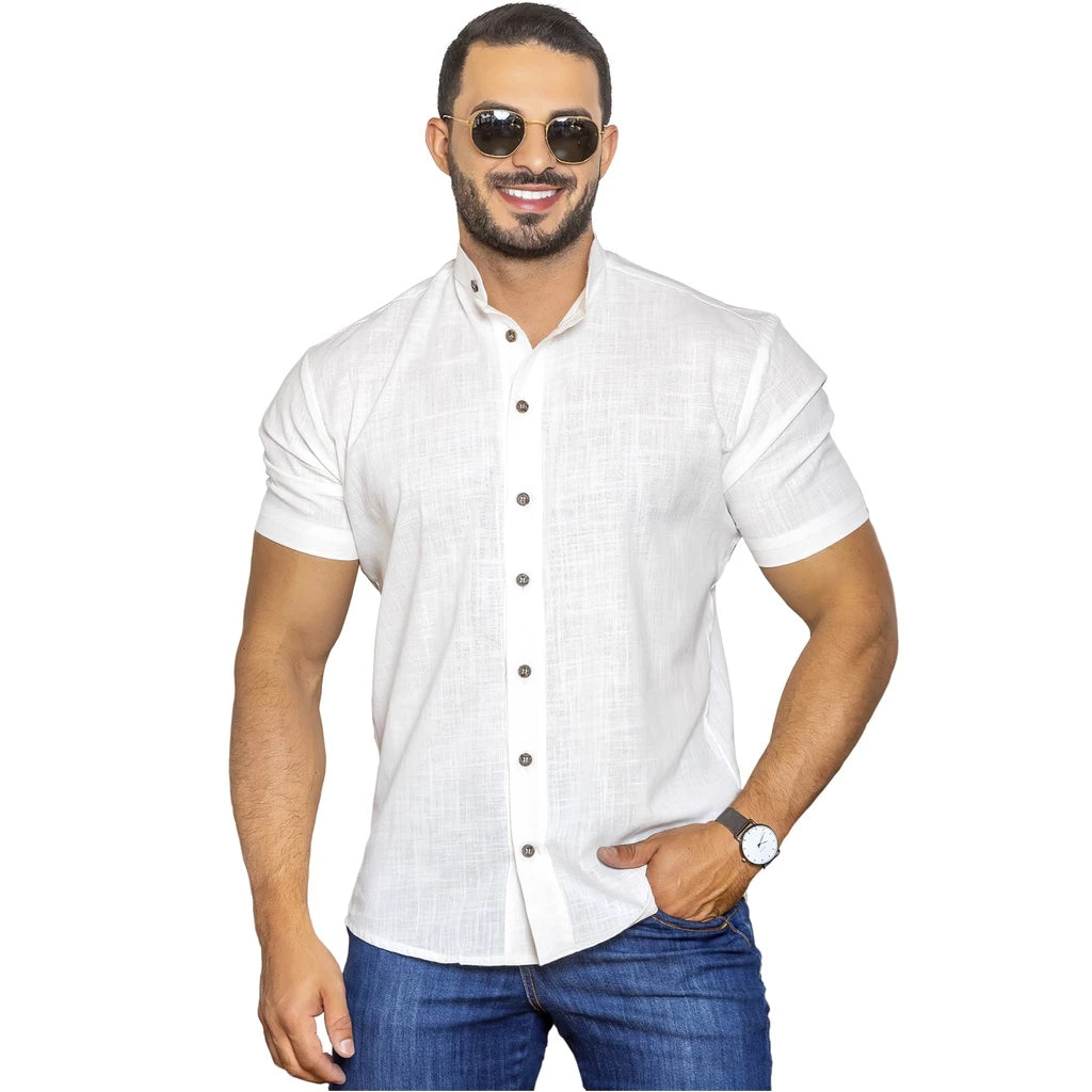 Camisa Masculina Gola Padre Social Casual Linho Algodão Manga Curta Longa Moda Luxo