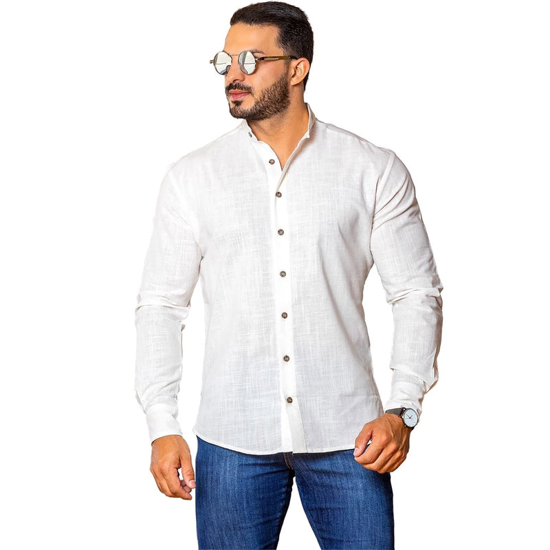 Camisa Masculina Gola Padre Social Casual Linho Algodão Manga Curta Longa Moda Luxo