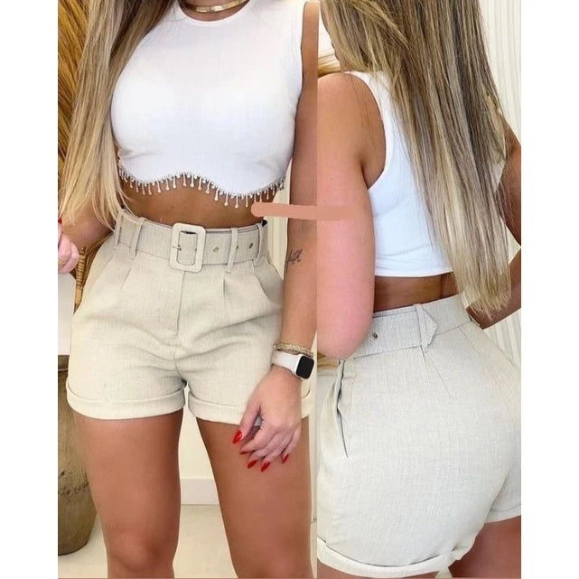 Women's Casual Shorts with Belt High Waist Shorts