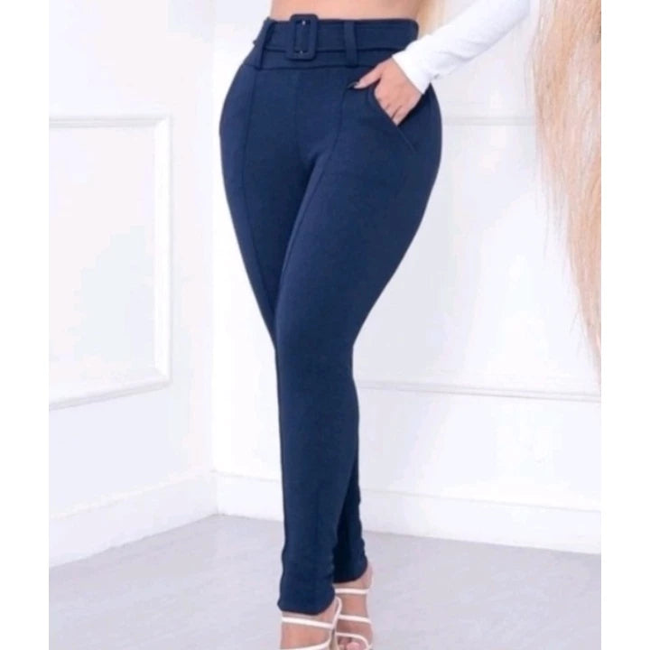 Women's Skinny Crepe Mesh Pants With Lined Belt High Quality Waist