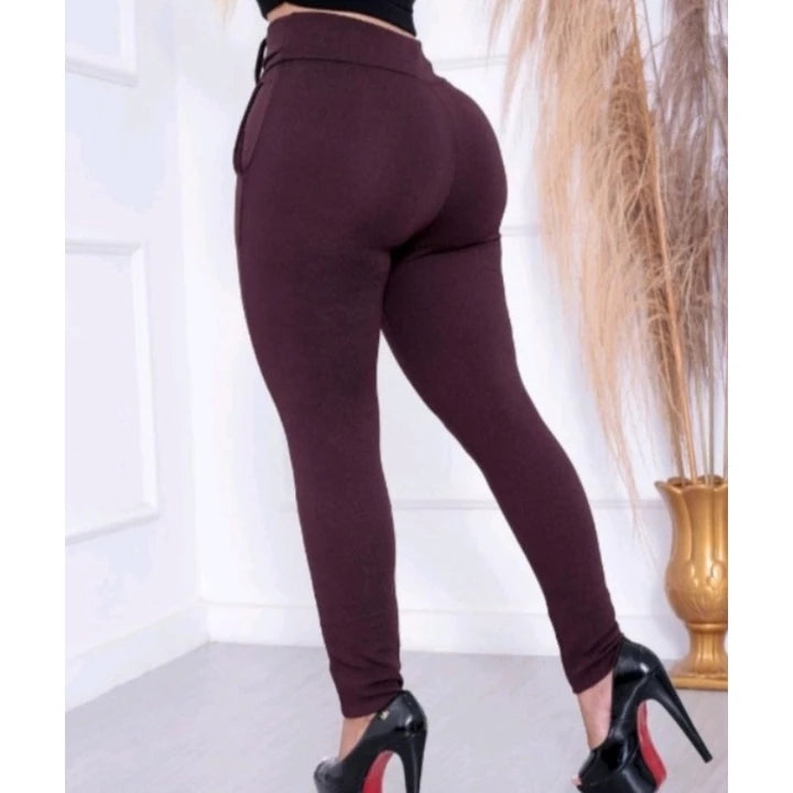 Women's Skinny Crepe Mesh Pants With Lined Belt High Quality Waist