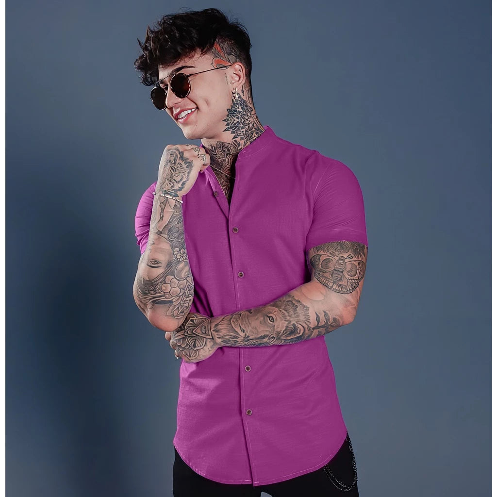 Camisa Masculina Gola Padre Social Casual Linho Algodão Manga Curta Longa Moda Luxo