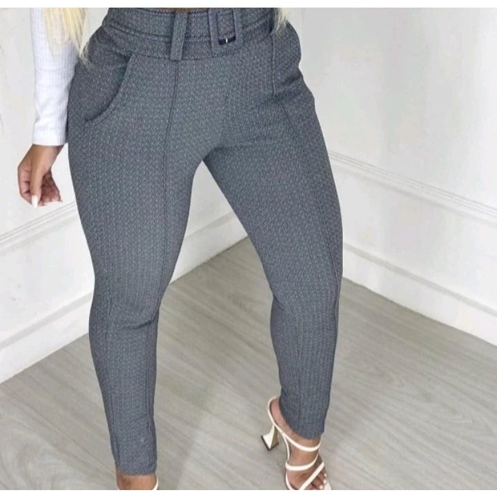 Women's Skinny Crepe Mesh Pants With Lined Belt High Quality Waist