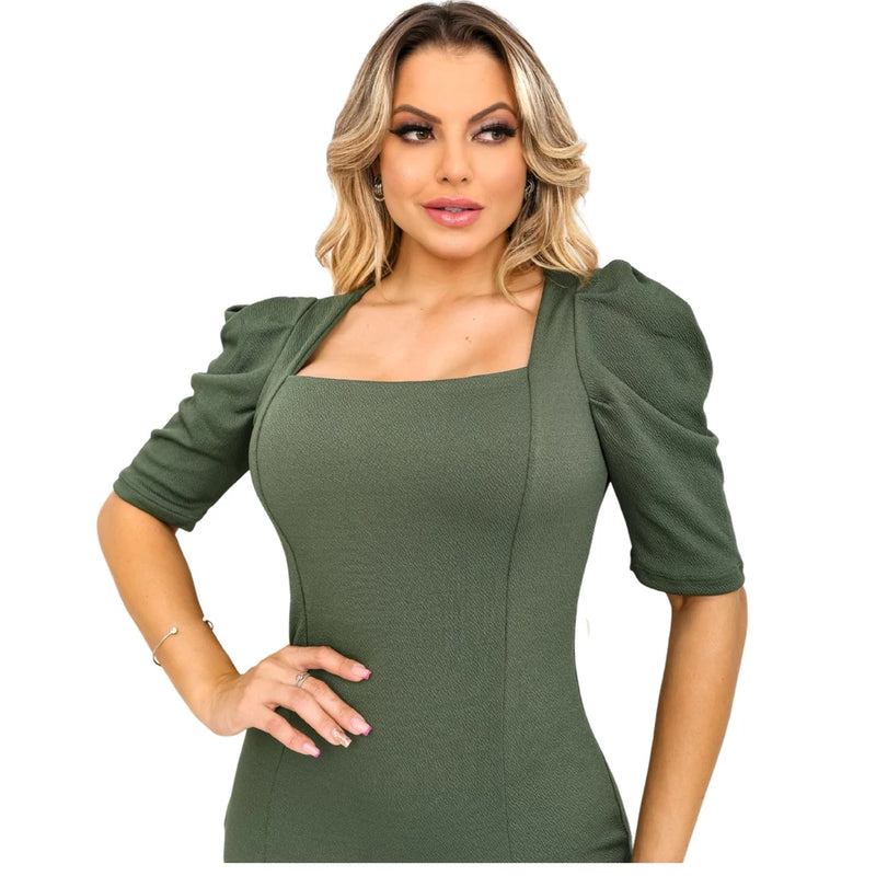 Vestidos Feminino Midi Longuete Justo Social Mangas Bufantes