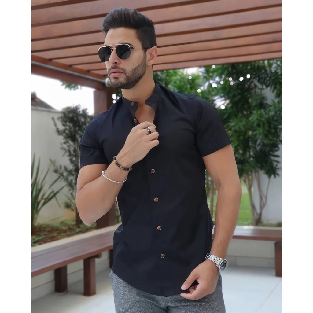 Camisa Masculina Gola Padre Social Casual Linho Algodão Manga Curta Longa Moda Luxo