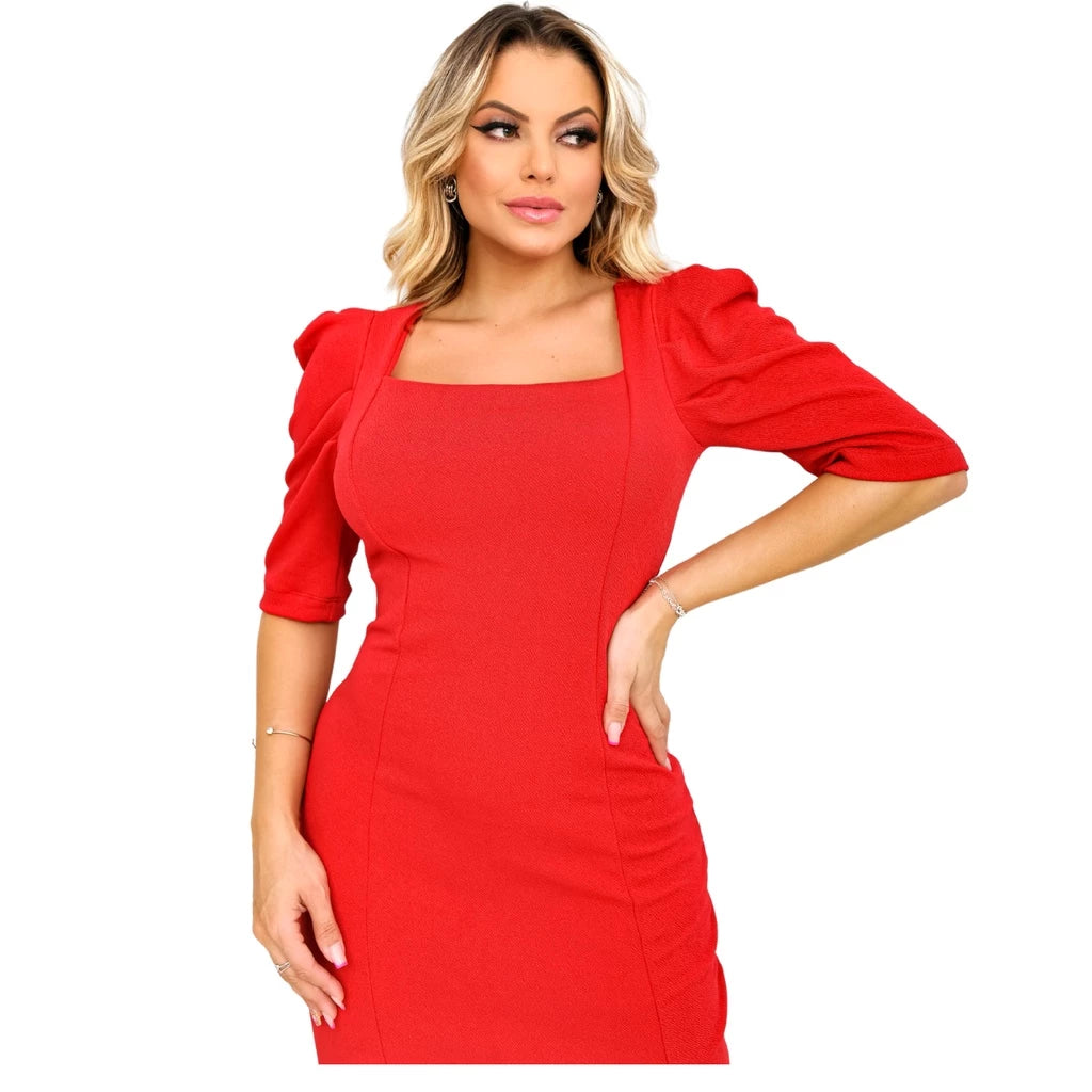 Vestidos Feminino Midi Longuete Justo Social Mangas Bufantes