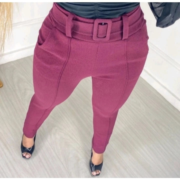 Women's Skinny Crepe Mesh Pants With Lined Belt High Quality Waist