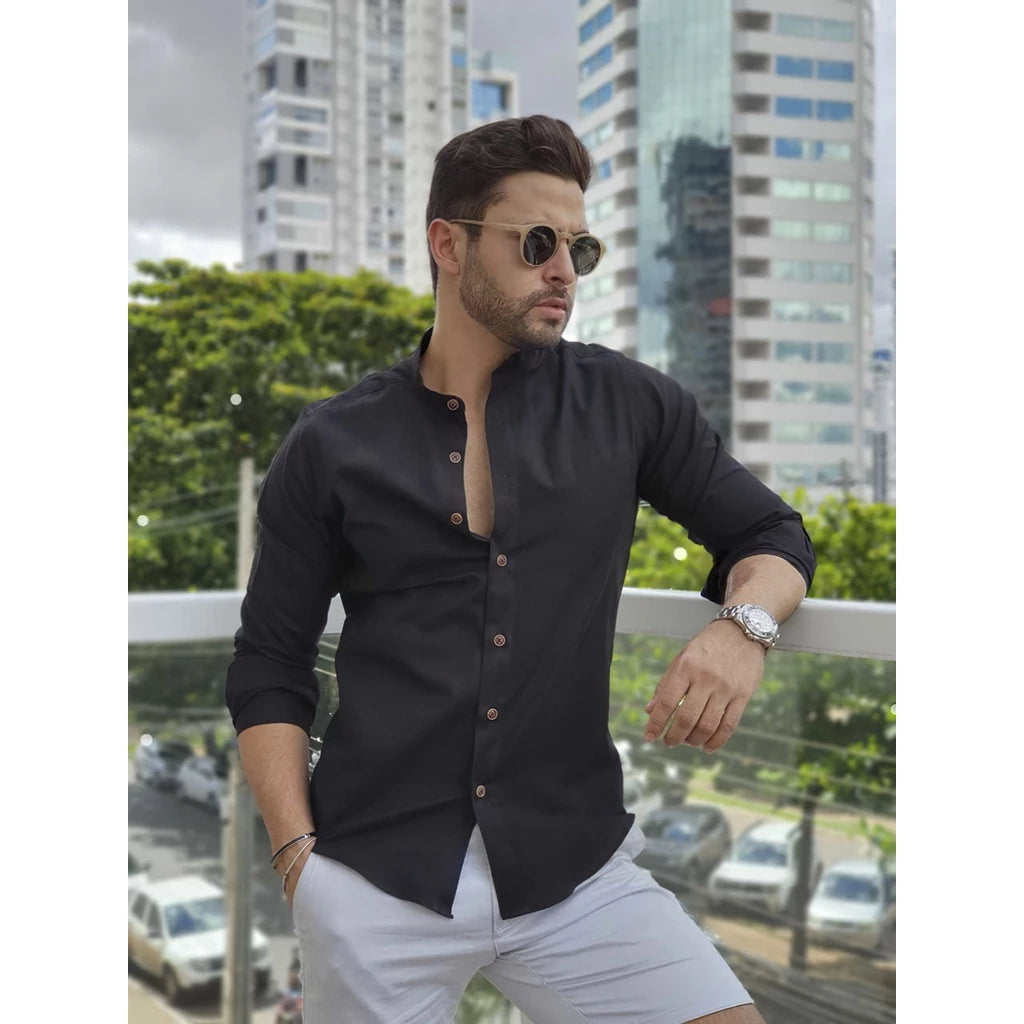 Camisa Masculina Gola Padre Social Casual Linho Algodão Manga Curta Longa Moda Luxo