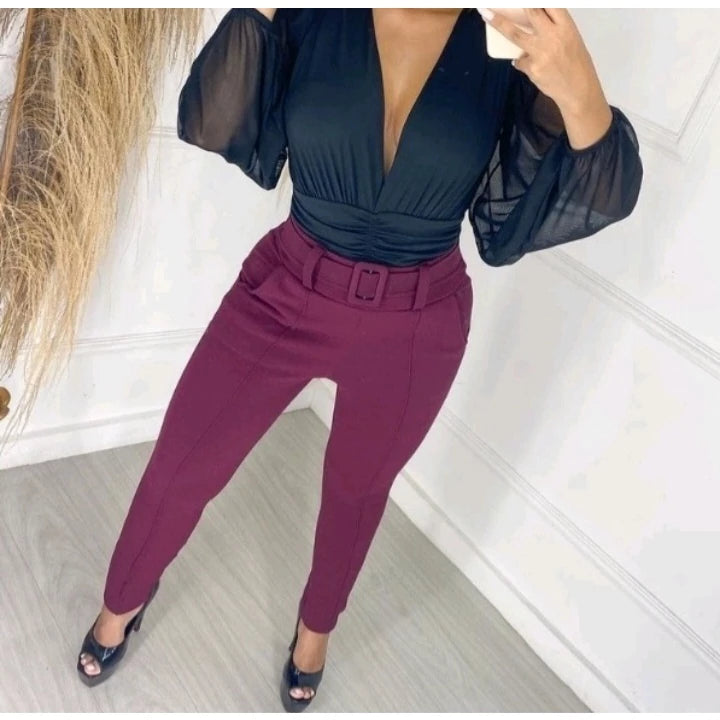 Women's Skinny Crepe Mesh Pants With Lined Belt High Quality Waist