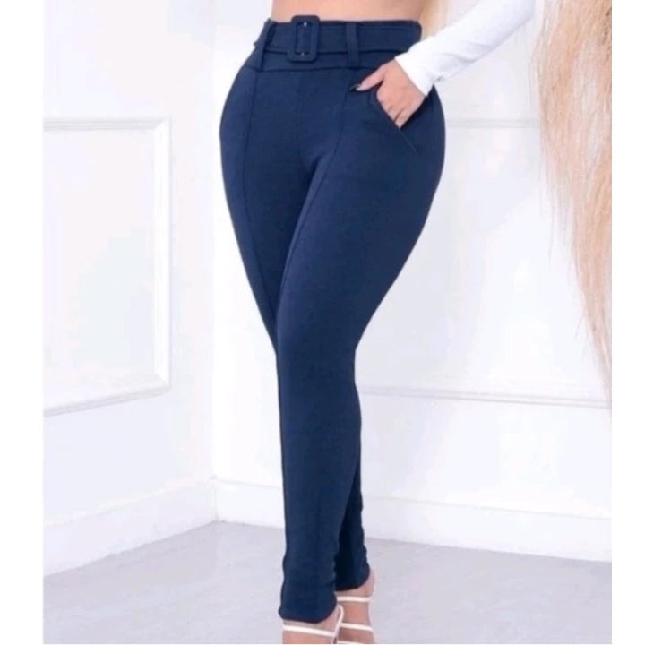 Women's Skinny Crepe Mesh Pants With Lined Belt High Quality Waist