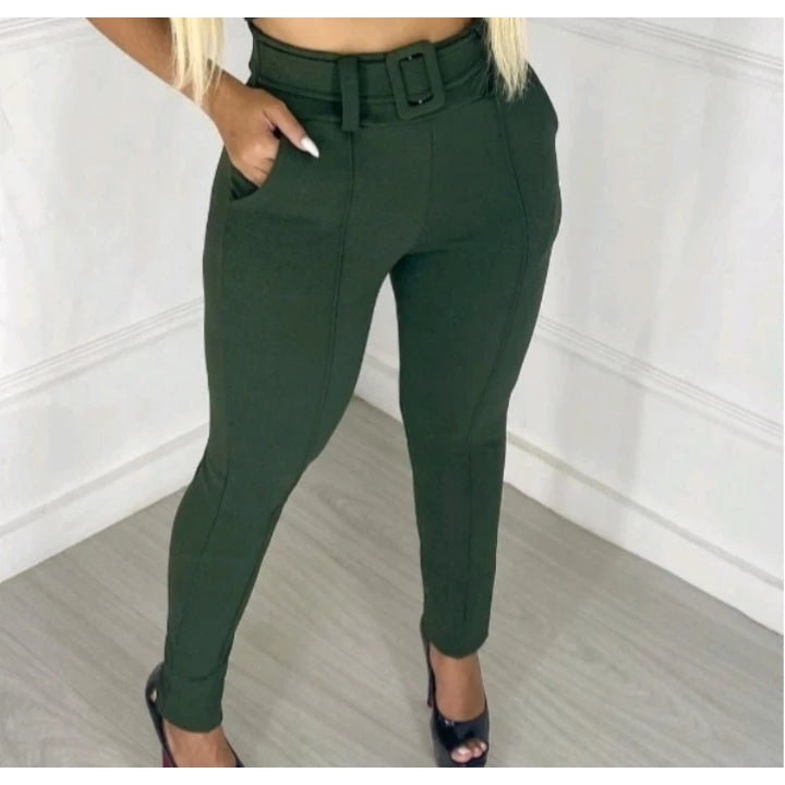 Women's Skinny Crepe Mesh Pants With Lined Belt High Quality Waist