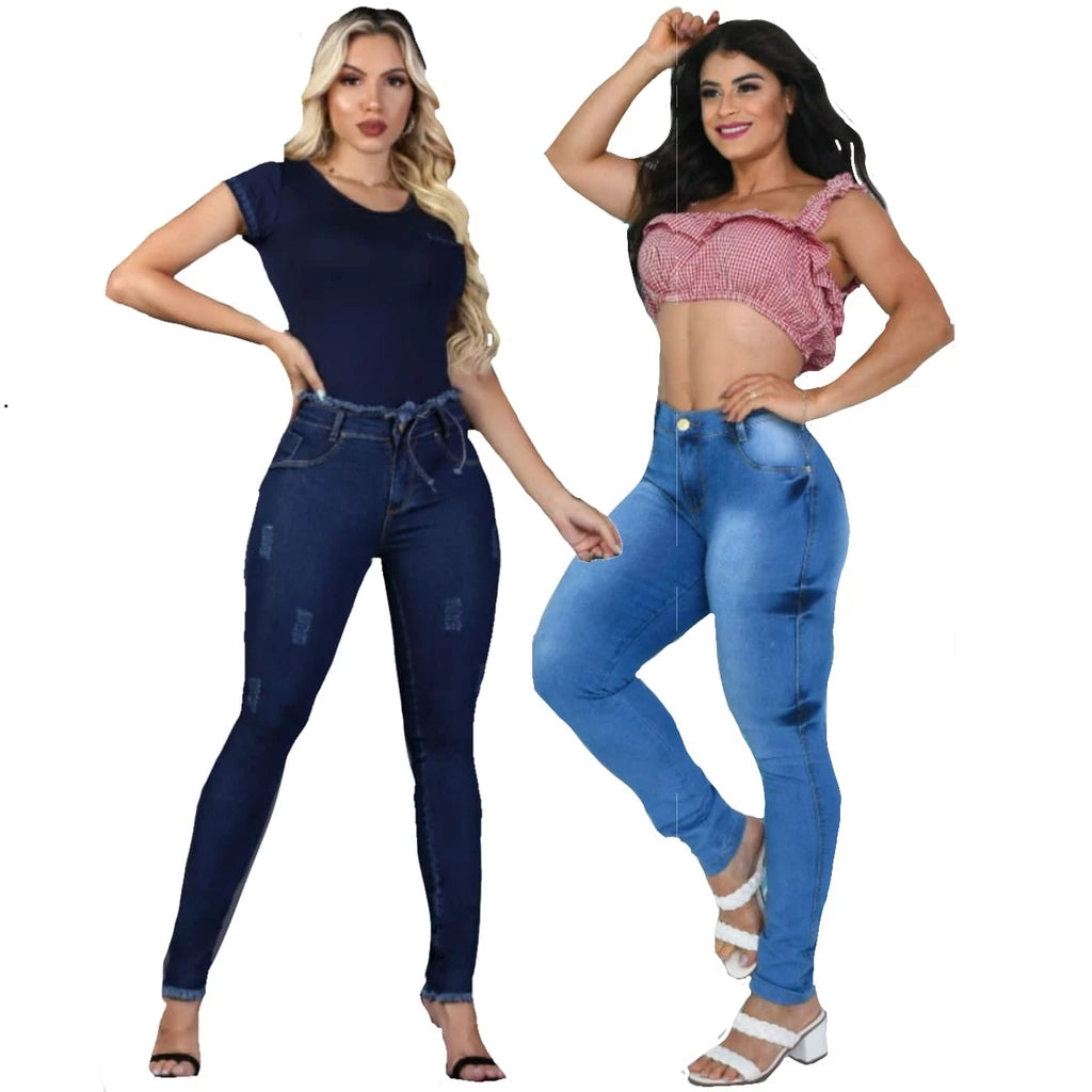 kit 2 Peças Calça Jeans Feminina Skinny Cintura Alta Com Lycra Empina Bumbum