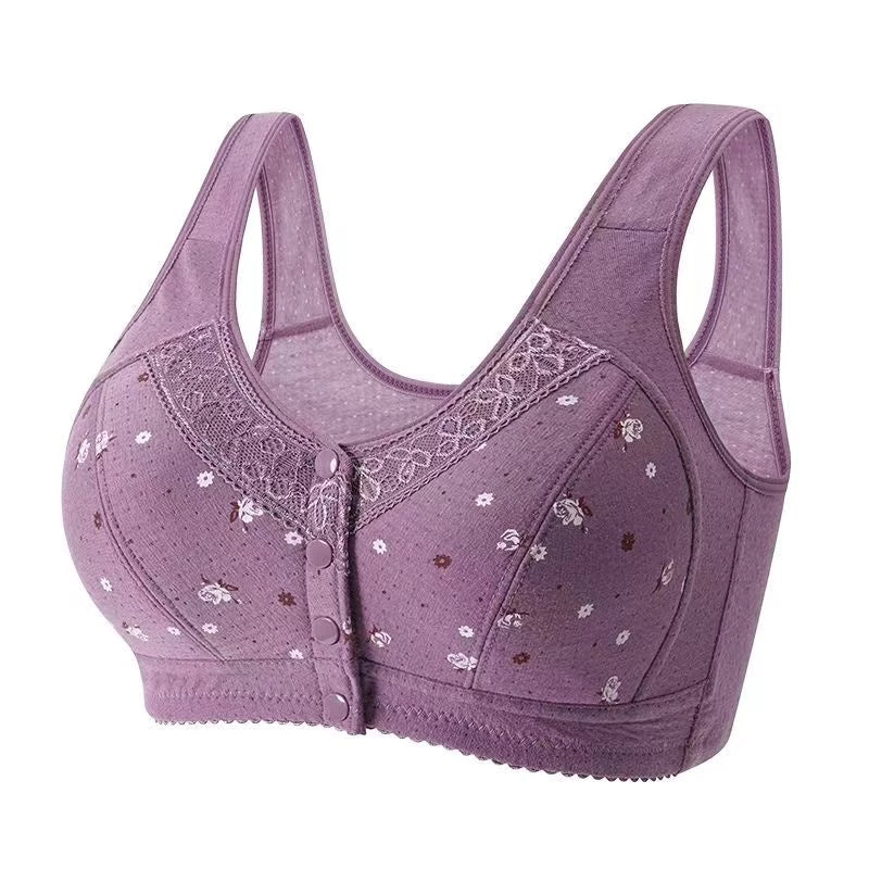 Women's Underwear Large Size Pure Cotton Wireless Bra Front Line Buttons Lace Edge Printing