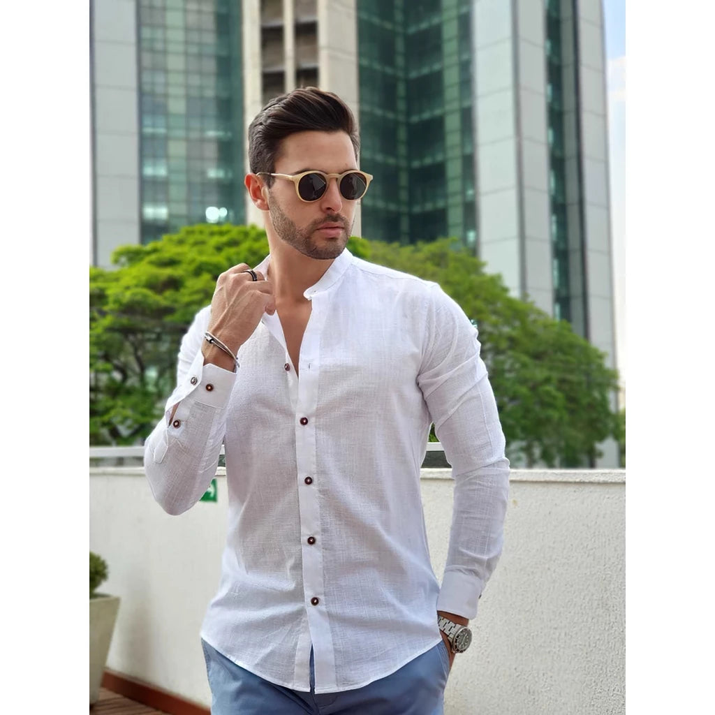 Men's Shirt Collar Priest Social Casual Cotton Linen Short Sleeve Fashion Luxury