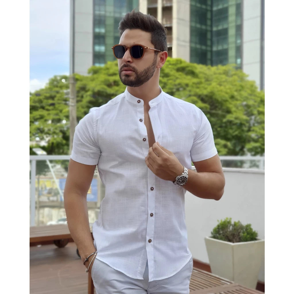 Camisa Masculina Gola Padre Social Casual Linho Algodão Manga Curta Longa Moda Luxo