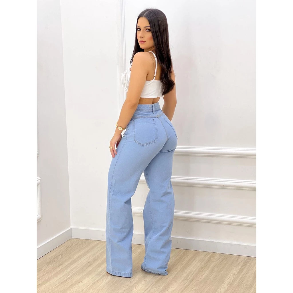 Calça Jeans Feminina Estilosa Wide Leg Clara Cintura Alta Top ENVIO IMEDIATO