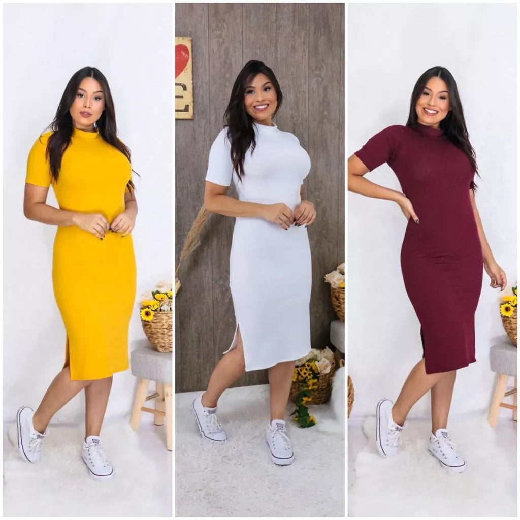 Vestido Midi Com Duas Fendas Laterais Canelado