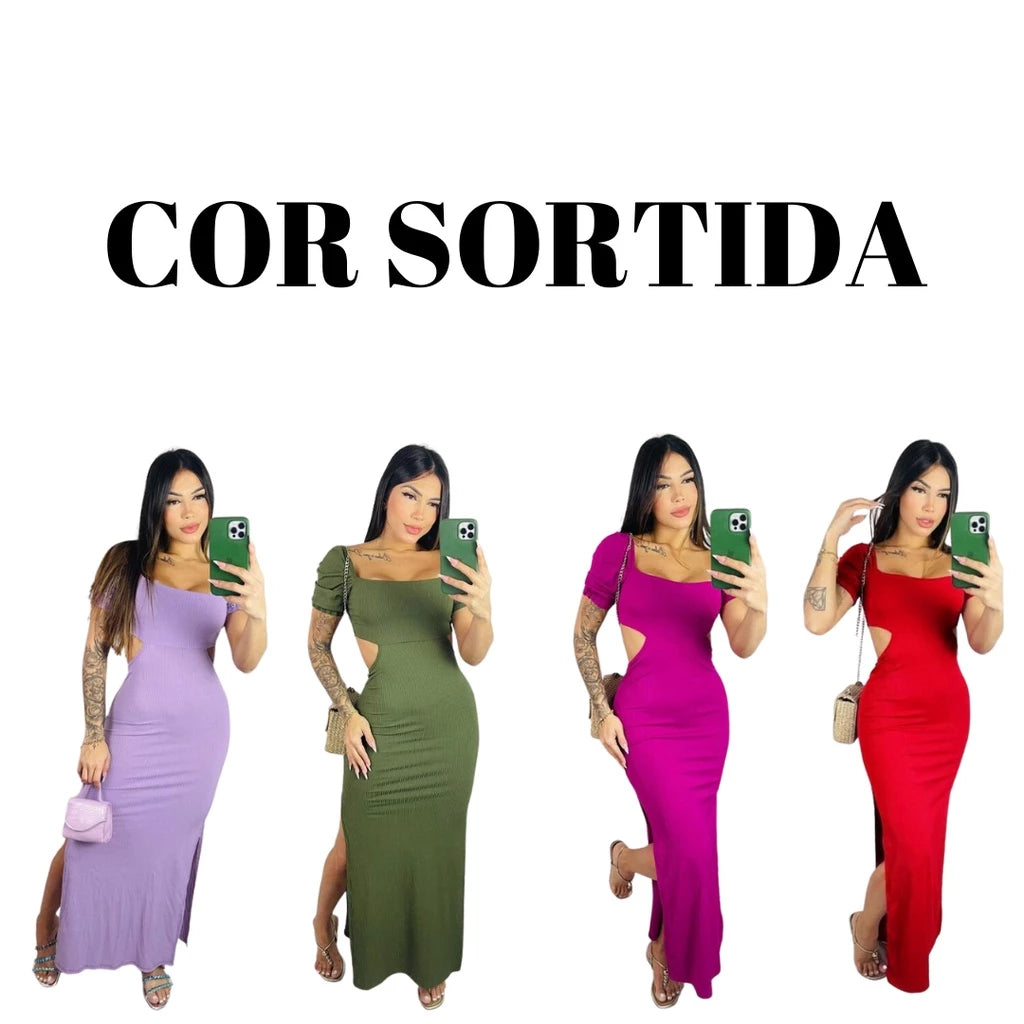 Vestido Longo Feminino Canelado Top Lascado e Decotado Manga Bufante 2213