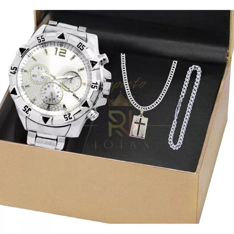 Men's set of watch, chain and bracelet with cross pendant.