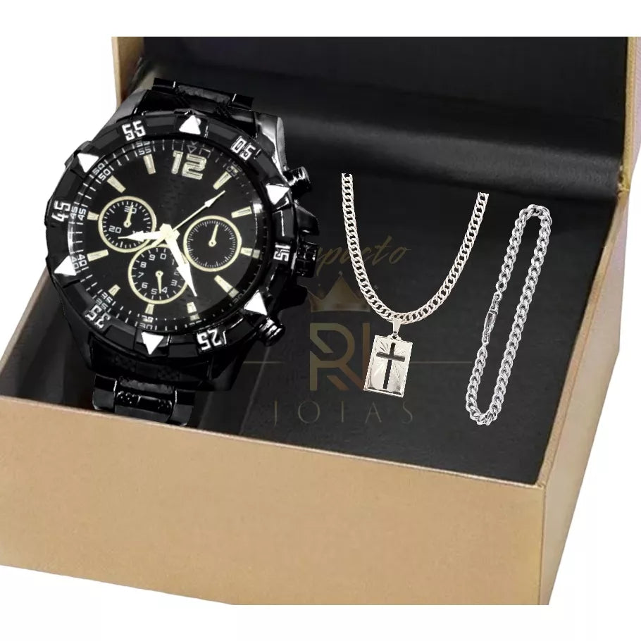 Men's set of watch, chain and bracelet with cross pendant.