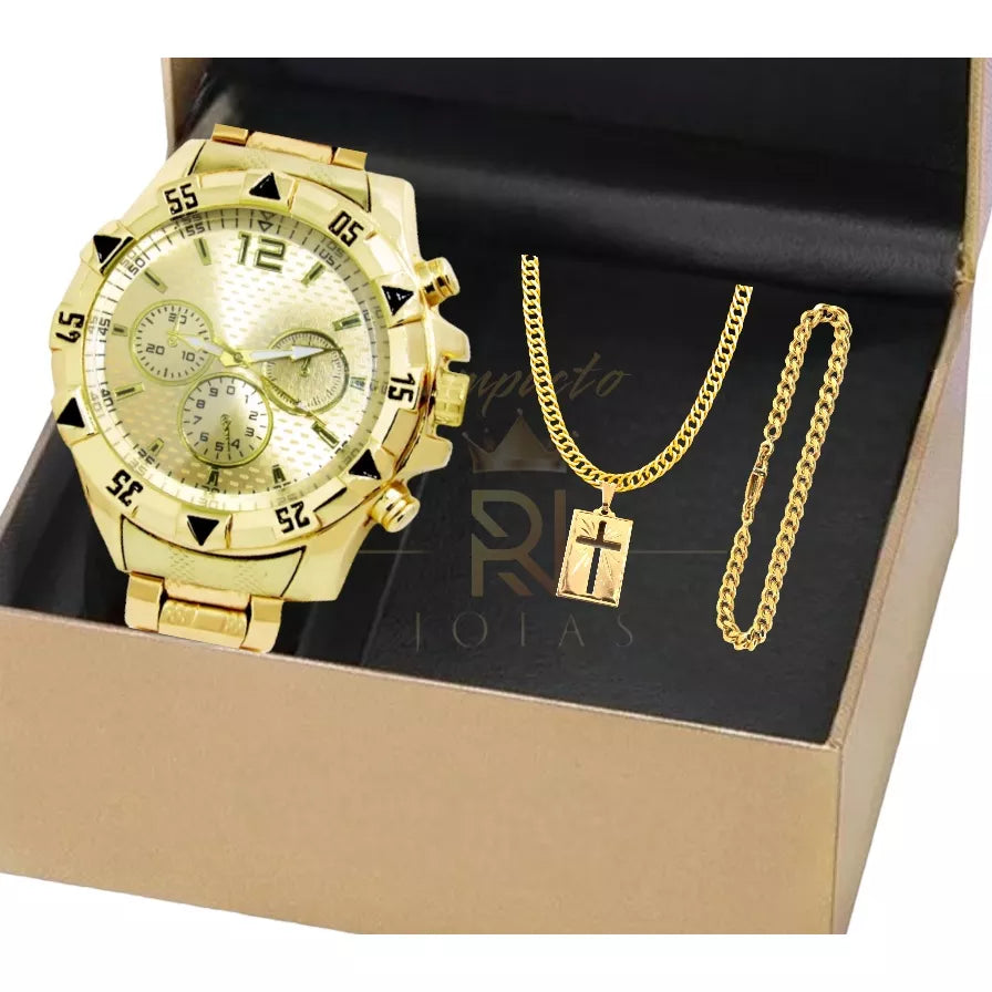 Men's set of watch, chain and bracelet with cross pendant.