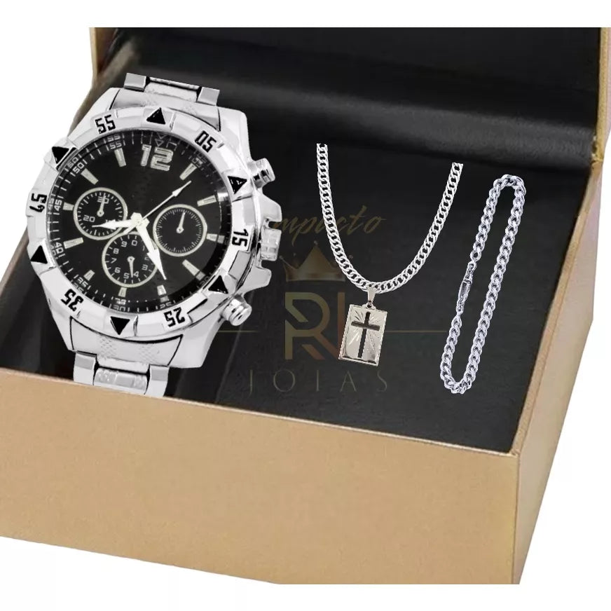 Men's set of watch, chain and bracelet with cross pendant.