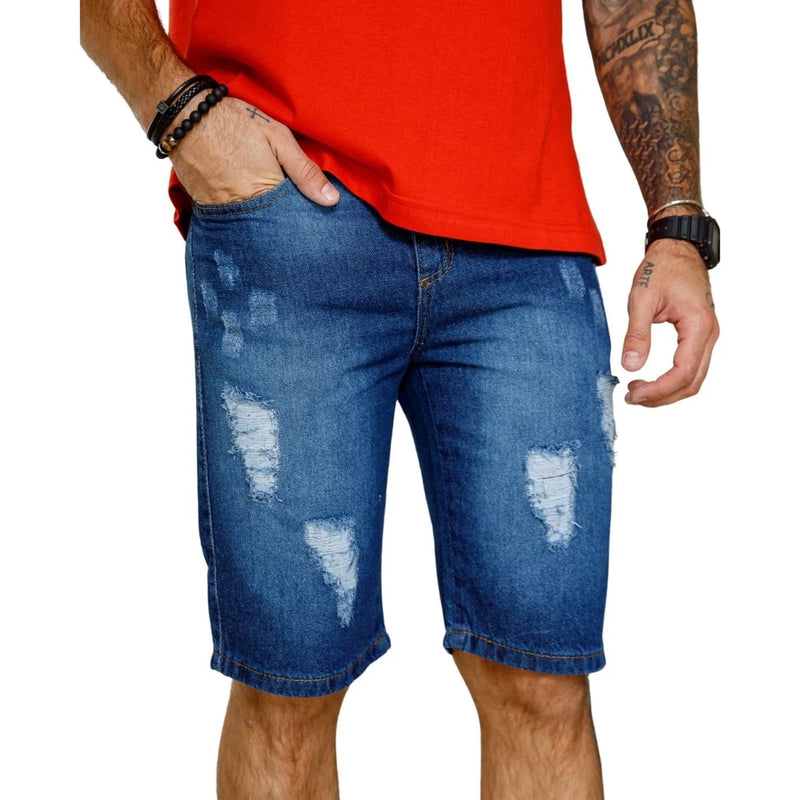 Bermuda Jeans Escuro Masculina Rasgada Exclusiva Sem Lycra