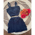 Conjunto Short Saia Cós Alto E Cropped De Malha Com Bojo