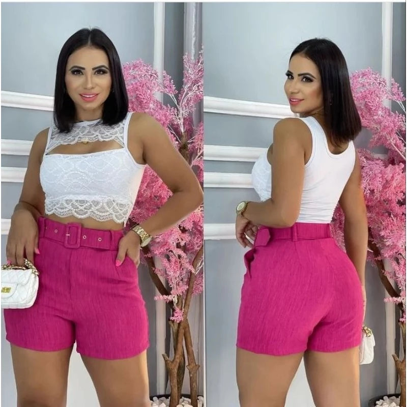 Women's Casual Shorts with Belt High Waist Shorts