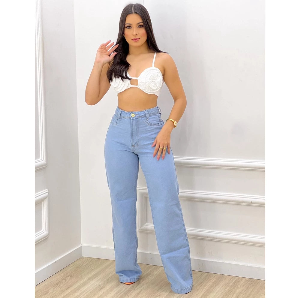 Calça Jeans Feminina Estilosa Wide Leg Clara Cintura Alta Top ENVIO IMEDIATO