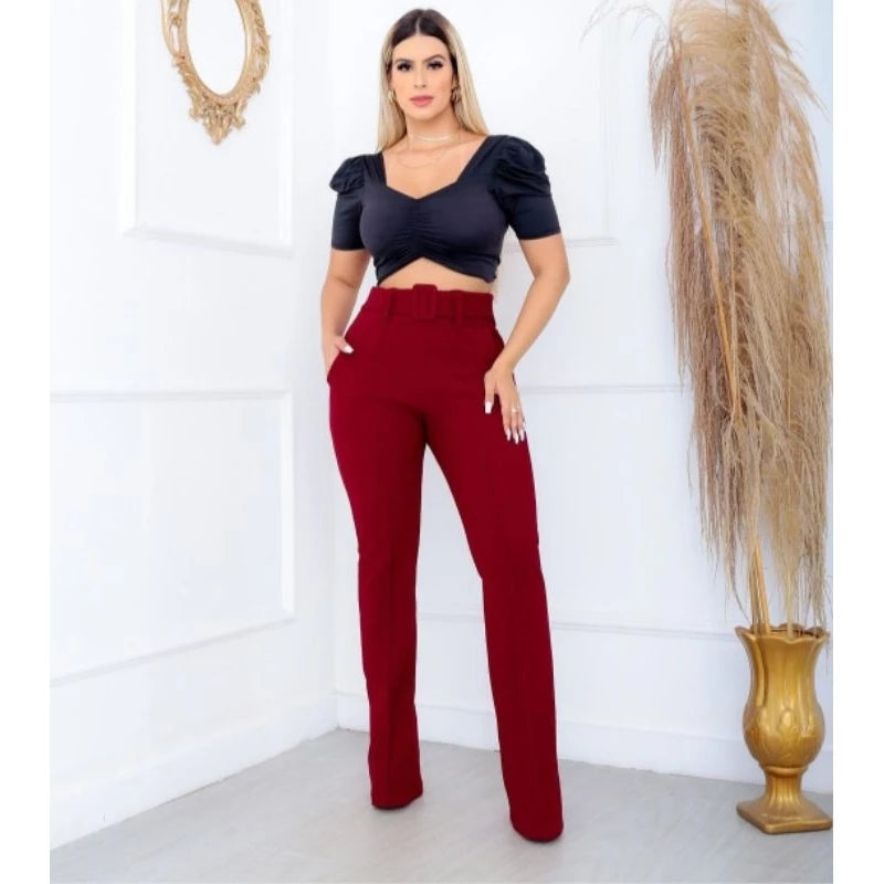 Women's Skinny Crepe Mesh Pants With Lined Belt High Quality Waist