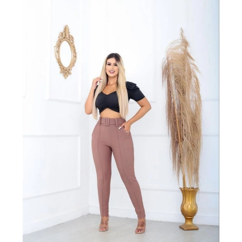 Women's Skinny Crepe Mesh Pants With Lined Belt High Quality Waist